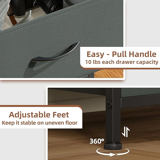 Somdot Nightstand Set of 2 with 2 Storage Drawers, Small Bedside Table End Table, Wooden Top Fabric Cabinet for Bedroom, Kids Closet, College Dorm, Entryway, Charcoal Grey