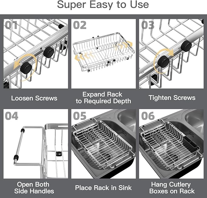 MAJALiS Small Expandable Over The Sink Dish Drying Rack Drainer In Stainless Steel Metal For Kitchen, Counter Space Saving Compact Plate Dryer Strainer Adjustable Hanging Inside Sink Wire Drain Holder