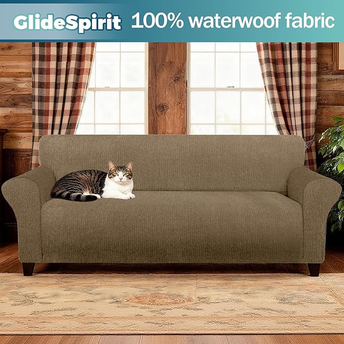 Waterproof Stretch Spandex Chair Sofa Slipcover - Non-Slip Soft Couch Cover with Elastic Bottom, Washable Leakproof Furniture Protector for Kids, Pets, Dogs & Cats (Chair, Brown)