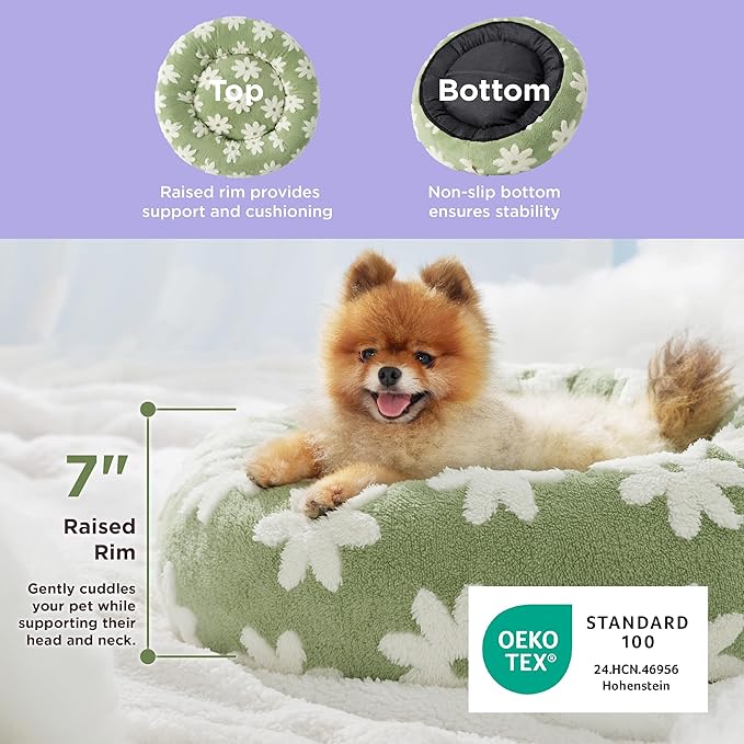 LE SURE Small Dog and Cat Bed - Round Calming Beds, Cute Modern Design with Jacquard Shaggy Plush, Anti-Slip Bottom, 23 Inch, Green
