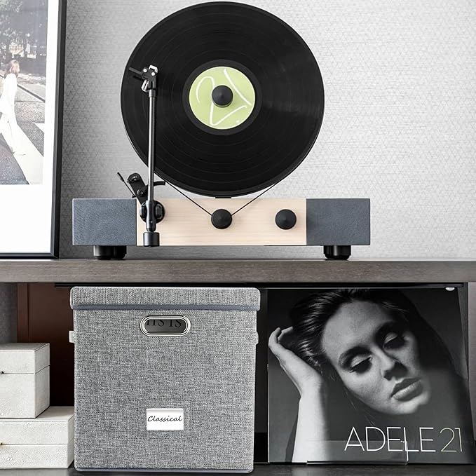Vinyl Record Storage Box Set of 2 - Album Storage Holds 100+ Single Records, Decorative LP Storage Organizer Crate with Lid, Sturdy Moving Boxes for Records
