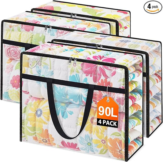 Clear Under Bed Storage Containers - 4 Pack Large Capacity Clothes Storage Bags with Lid & Sturdy Handles, Foldable Moving Bags, Clothing Organizer Totes for Bedding, Comforter, Sheet（90 L）