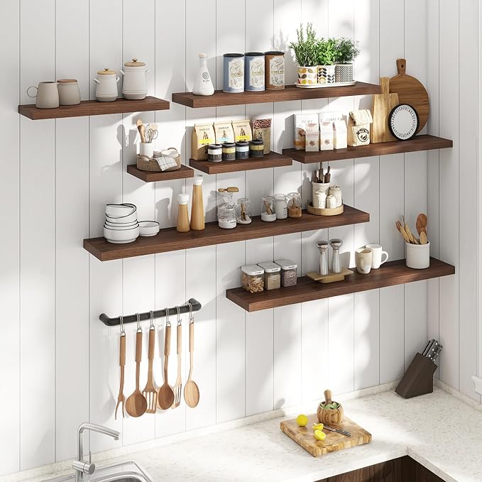 36 Inch Floating Shelves for Wall Set of 2, 8"D Wood Grain Bathroom Shelves with Invisible Brackets, Easy Install Engineered Wood Storage Shelves for Kitchen, Living Room, Bedroom, Walnut Finish