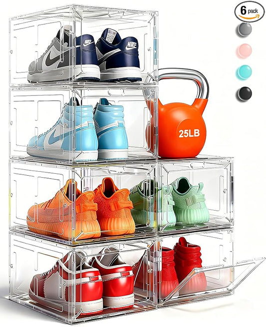Thick & Sturdy Clear Shoe Boxes with Magnetic Front Door, Stackable Plastic Sneaker Storage Organizer for Closet, Space-Saving Foldable Shoe Containers for Boots & Heels, Durable Shoe Cabinet, 6 Pack