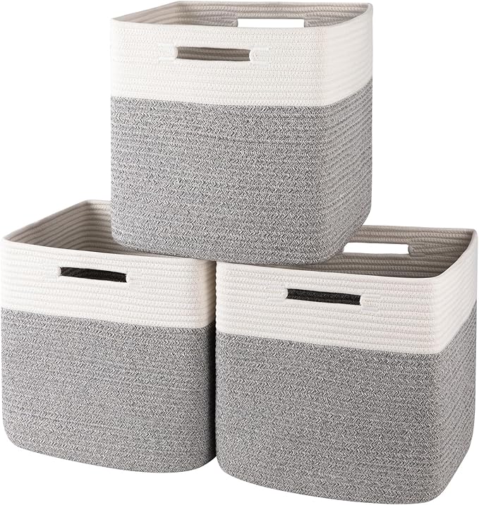 OIAHOMY 13 Kallax Inch Cube Storage Bins, 3-Pack Cotton Rope Woven Baskets for Organizing, Kallax Insert Storage Baskets for Shelves, Baby Nursery, Closet Organizer, 13 * 13 * 12.6IN, Grey & White