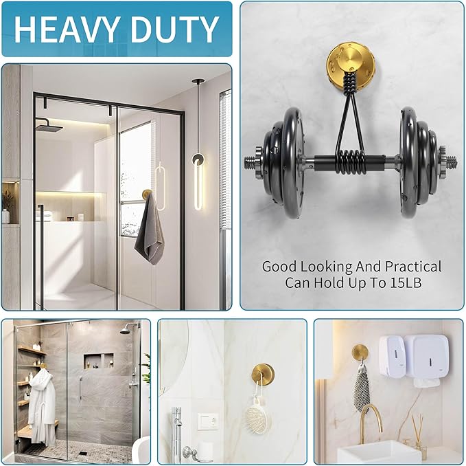 Deluwire Suction Cup Hooks for Shower,4 PCS No Drill Bathroom Hooks for Towels, Robes,Removable Towel Holder for Bathroom Wall,Kitchen,Glass,Mirror,Hanging up to 15 lbs,Loofah-Gold