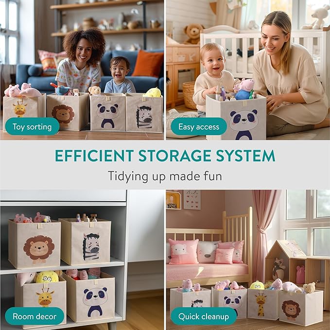 Navaris Toy Storage Boxes - Kids Bedroom Cube Baskets w/ Pull-Out Loop - Fabric Collapsible Box Drawers Unit for Shelves - Compatible with Ikea Kallax Inserts - Set of 4 Animals