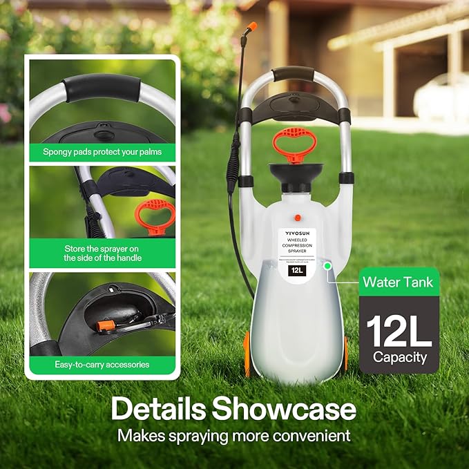VIVOSUN 3.2 Gallon Lawn and Garden Wheeled Pump Compression Sprayer with Pressure Relief Valve, Labor-Saving Wheel Design (Pack of 2)