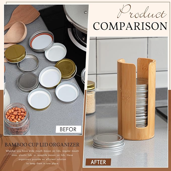 Suclain 2 Pcs Mason Jar Lid Organizer Bamboo Vertical Mason Jar Lid Storage Accessories Tumbler Lids Holder Cup Lids Organizer for Home Kitchen Countertop Cupboard(Only for Regular Mouth)