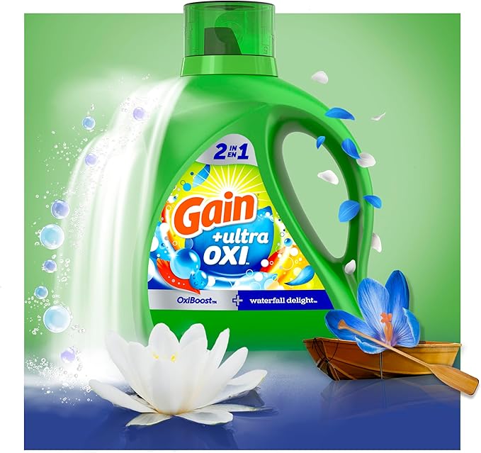 Gain Ultra Oxi Liquid Laundry Detergent, Waterfall Delight Scent, 61 Loads, 2-in-1, HE Compatible