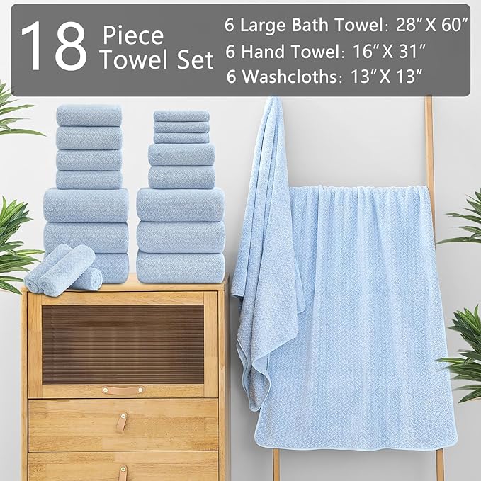 Ycosy 18 Piece Bath Towels Set,100% Microfiber Family Bathroom Towel with Hanging Loops-6 Bath Towels,6 Hand Towels,6 Washcloths,Quick Dry Highly Absorbent Shower Towel for Bathroom,Hotel,Spa-Blue