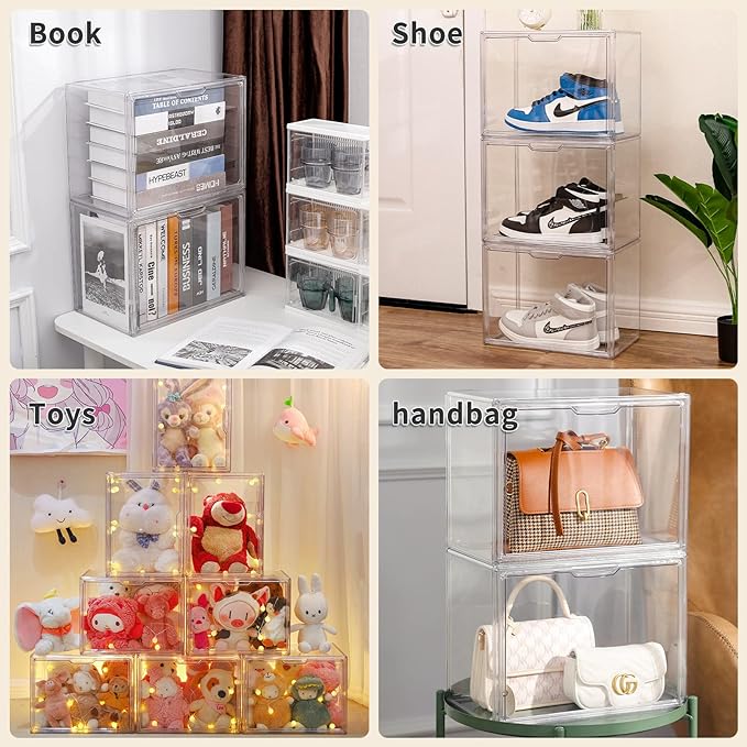 FABROK 2Pcs Clear Book Storage Organizer Box, Plastic Stackable Book Display Case with Magnetic Door, Assemble Storage Showcase for Toy Dolls, Books, Shoes Organizing