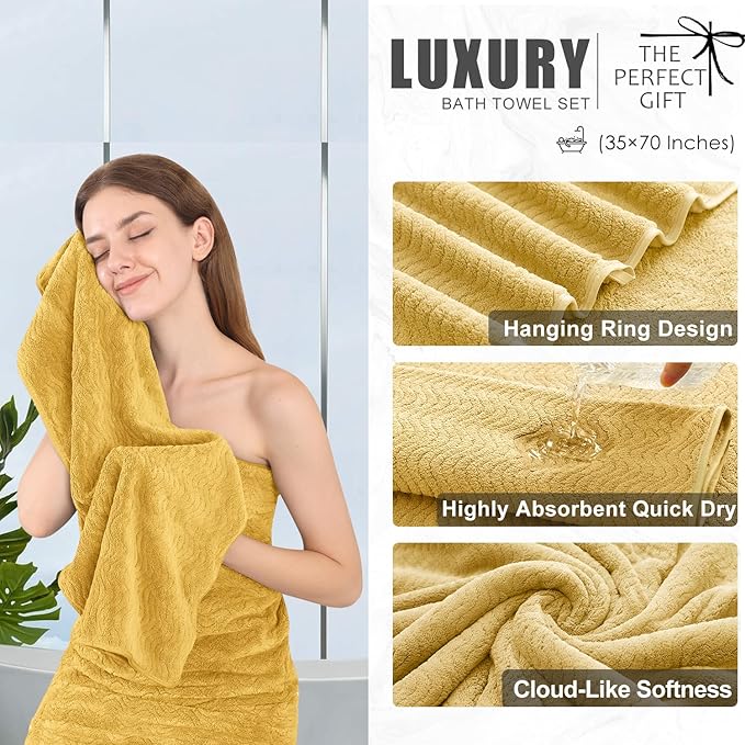 8 Piece Bath Towel Set |2 Oversized Large Bath Sheet,2 Hand Towels,4 Washcloths| Ultra Soft Cozy Bath Towel Set for Bathroom Hotel Gym Spa,Highly Absorbent Quick Dry Bathroom Towel Collections,Yellow