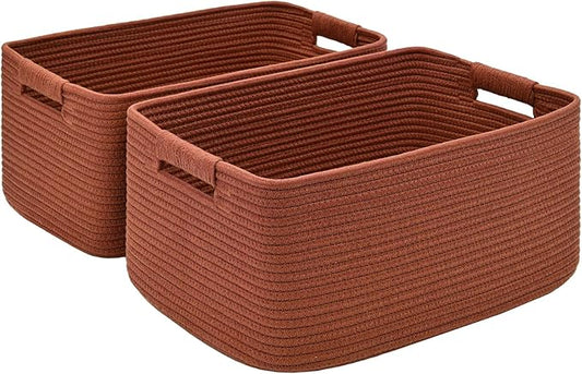 2 Pack Large Storage Basket for Organizing, 17.5"x13"x7" Woven Basket for Shelves, Closet Cube Storage Bins with Wrapped Handle, Cotton Rope Baskets for Kitchen, Clothes, Toys(Oxide Red)