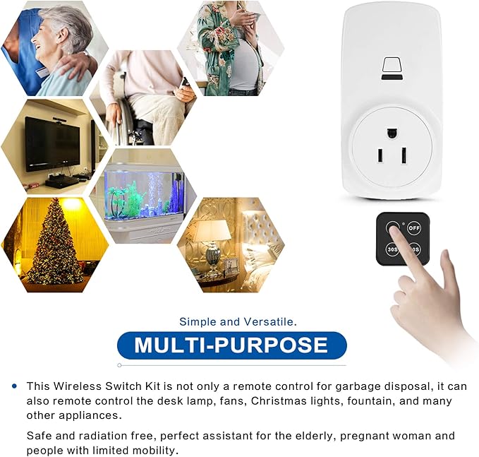 Garbage Disposal Wireless Switch Kit with 30s 60s Portable Timer Remote