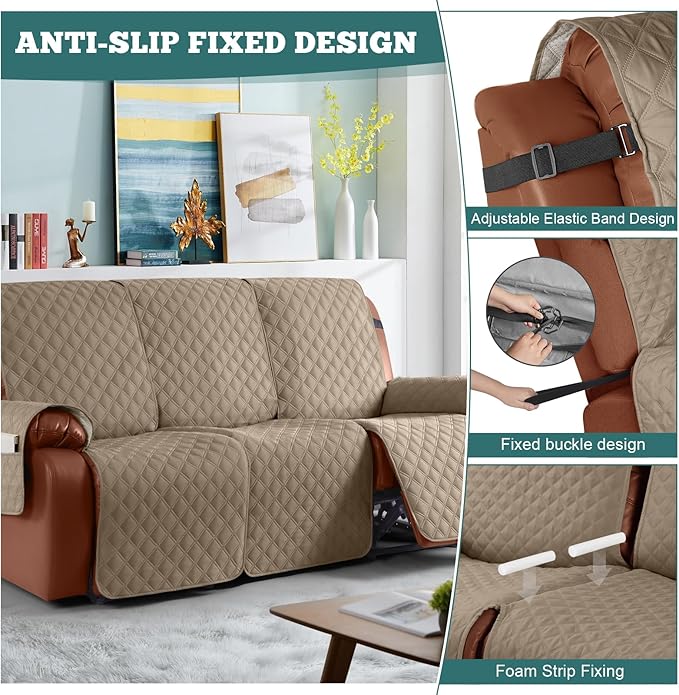 Ruaozz Waterproof Recliner Couch Covers 1-Piece Sofa Covers Washable Recliner Covers Non-Slip Furniture Protector with Elastic Straps Pocket for Kids Pets (Khaki, 3 Seater)