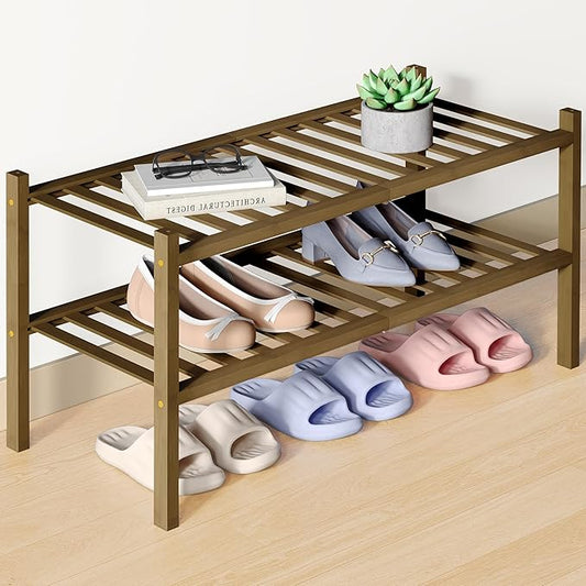 Smiry Bamboo Shoe Rack for Closet, 2 Tier Wooden Stackable Shoe Organizer, Free Standing Shoes Storage Shelf for Entryway, Front Door Entrance, Walnut