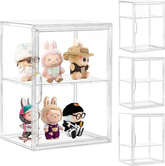 Acrylic Display Case with Removable Shelf, 2 Tier Clear Plastic Stackable Storage Bins with Magnetic Lids, Figure Display Case for Collectibles Cosmetic Acrylic Box, 4 Pack