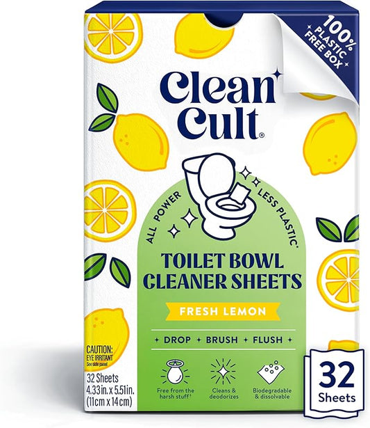 Cleancult Toilet Bowl Cleaner Sheets - Dissolvable, Septic Safe, Effective Cleaning, Removes Stains & Rings, Cleans & Deodorizes - 32 Uses - Fresh Lemon Scent - Plastic-Free Packaging
