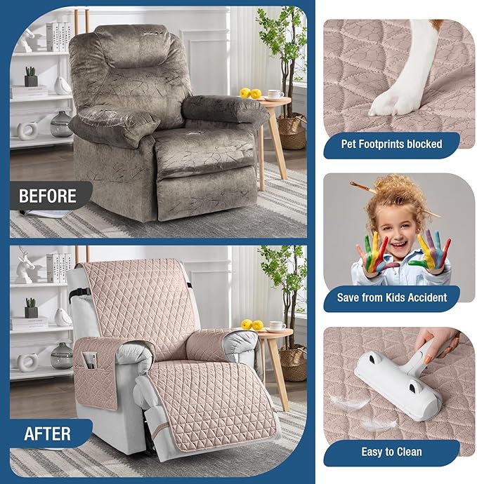 TAOCOCO 100% Waterproof Recliner Cover - Recliner Cover with Non-Slip Granule, Recliner Chair Covers with Elastic Band, Recliner Chair Covers for Reclining Chair(Peach, Oversized-30'')