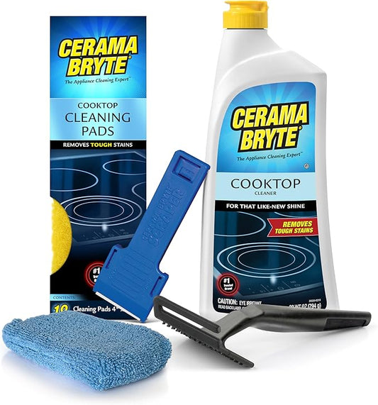 Cerama Bryte Complete Cooktop Cleaning Kit, 10 Cleaner Pads, 1 POW-R Grip Tool, 1 Scraper, and 1 Microfiber Cloth, 28 Fl Oz