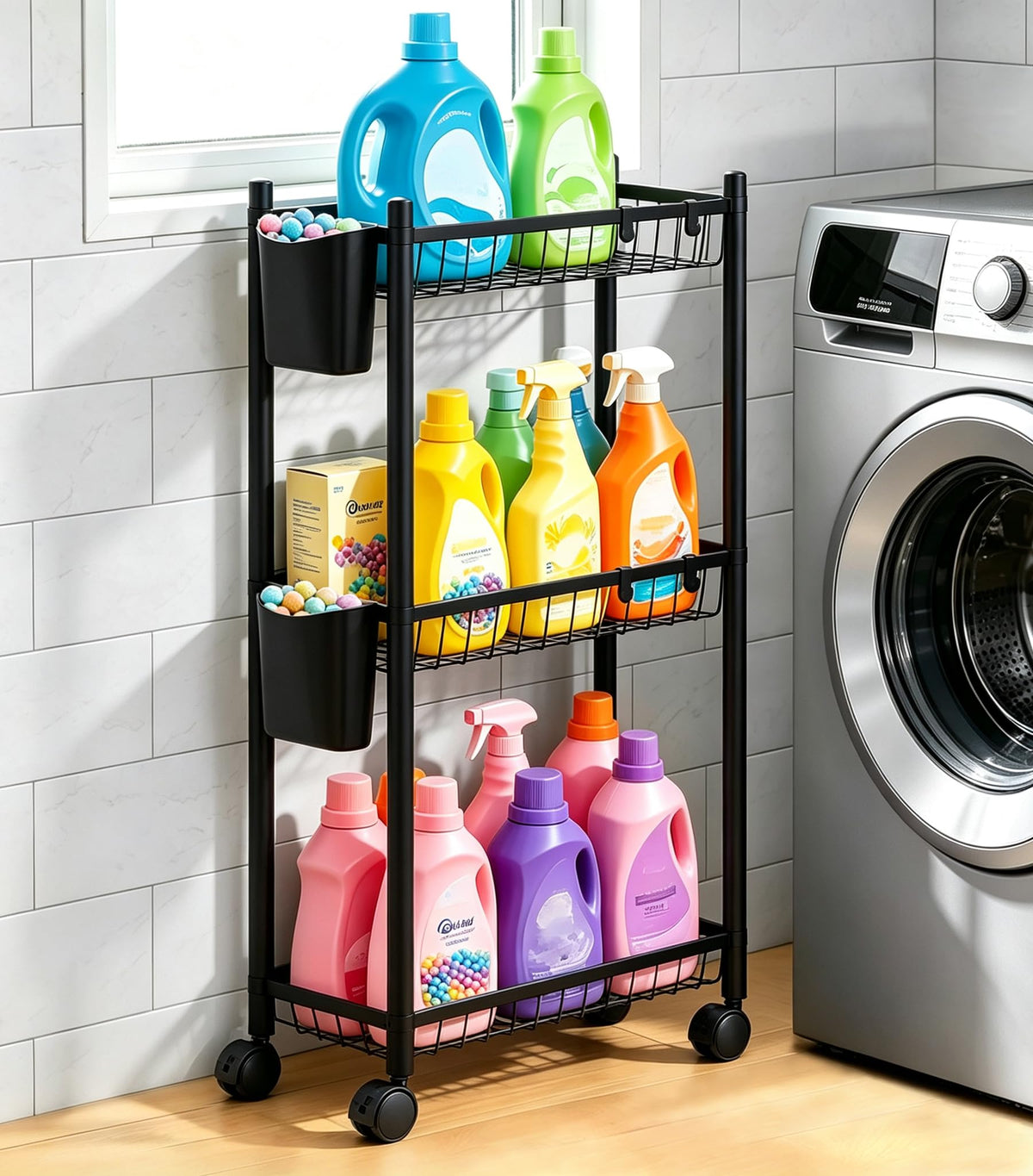 Slim Laundry Room Organization Cart with Wheels - Black - Image 1