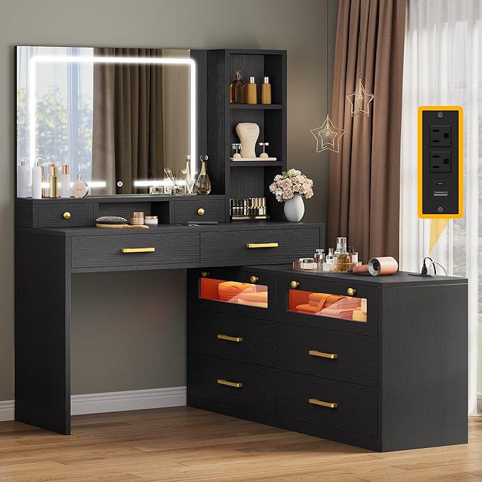 DWVO Large Vanity Desk with Mirror - RGB LED and Charging Station, Make up Vanity Mirror with 3 Lights Mode and Brightness Adjusted, Large Storage Space-10 Drawers, 3 Open Shelves, Black
