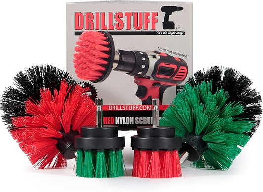 4-Piece Cordless Drill Scrub Brush Attachment Kit, Medium Green and Stiff Red Versions, Stainless Steel Handle