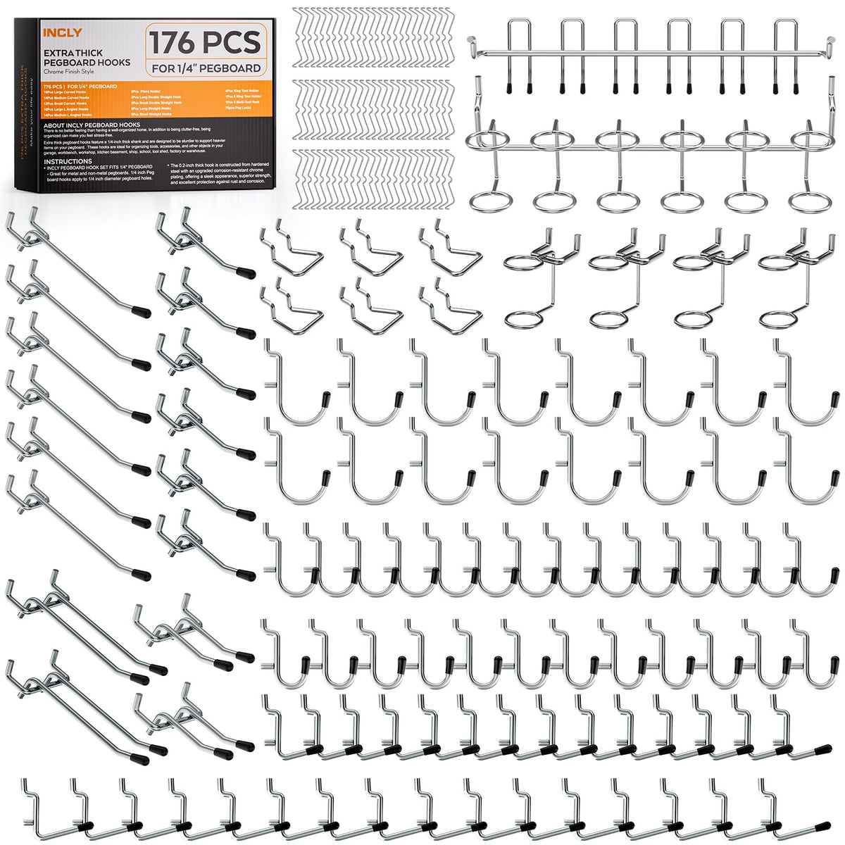 INCLY 176PCS Pegboard Hooks with Peg Locks, 1/4" Heavy Duty Metal - Image 1