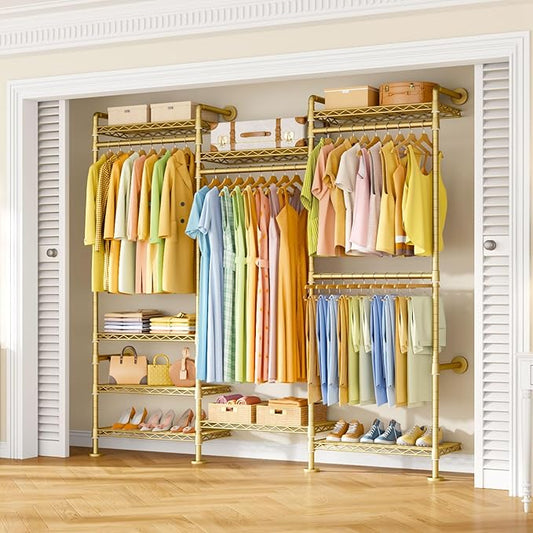 M6 Clothes Rack for Wall Mounted, Heavy Duty Closet Wardrobe System with 8 Shelves and 4 Hanger Rods, 68.5" W x 11.8" D x 86.6" H Clothing Storage Organizer for Holding 1064lbs, Gold