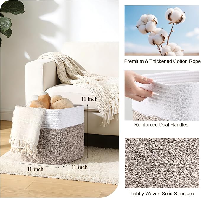 Storage Cubes 11 Inch Storage Baskets for Shelves, Set of 3 Cotton Rope Woven Baskets for Organizing, Cube Storage Square Bins for Toy, Playroom Decor, Classroom, Closet, White+brown