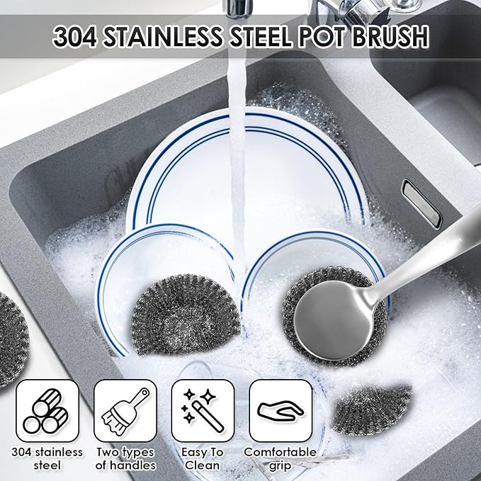 Steel Wool Scrubber Dish Brush with Handle, Detachable Stainless Steel Scrubber, Ergonomic Handle Stainless Steel Wool Scrubber, Reusable Stainless Steel Dish Scrubber for Cleaning Dishes (5pcs)