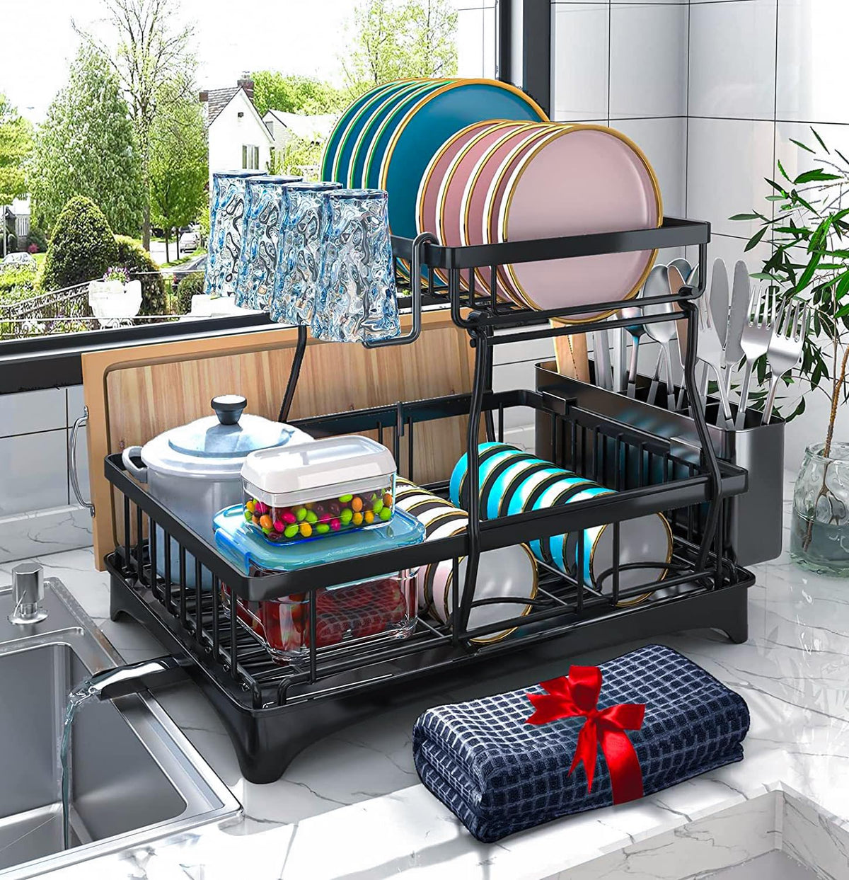 Godboat 2-Tier Dish Drying Rack - Dish Rack with Auto - Image 1