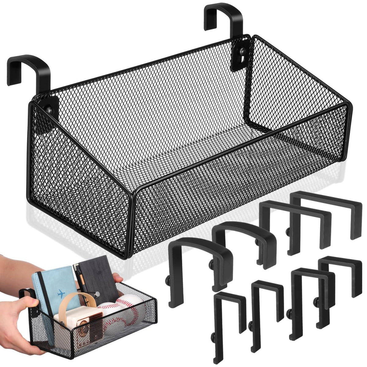 Bedside Hanging Storage Basket, Metal Bunk Bed Caddy with Hooks - Image 1
