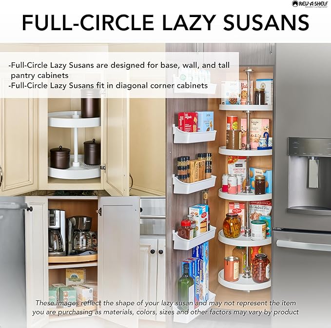 Rev-A-Shelf 28" Dual Full Circle Lazy Susan Organizer for Upper Corner Kitchen Cabinets, Plastic Home Storage 2 Tier Shelves, White, 6012-28-11-52
