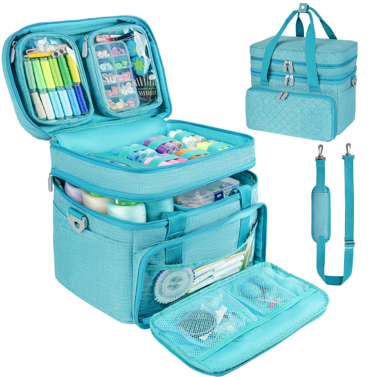 Double Layer Sewing Organizer Bag with Shoulder Strap, Blue - Image 1