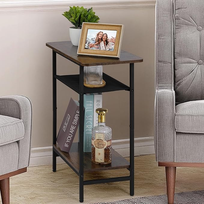 Narrow Side Table Set of 2 for Small Spaces, 3-Tier End Table for Living Room with Wide Storage Tabletop, Rustic Brown Slim Nightstand for Bedroom, Couch,Sofa