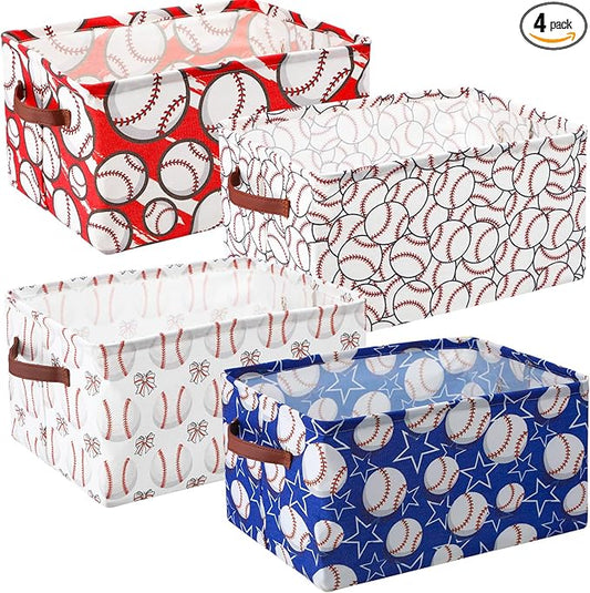 Boao 4 Pack Baseball Storage Baskets for Gifts Empty Collapsible Laundry Storage Bins with Handles Foldable Boxes for Home Bedroom Office Holiday Toy Clothes Containers