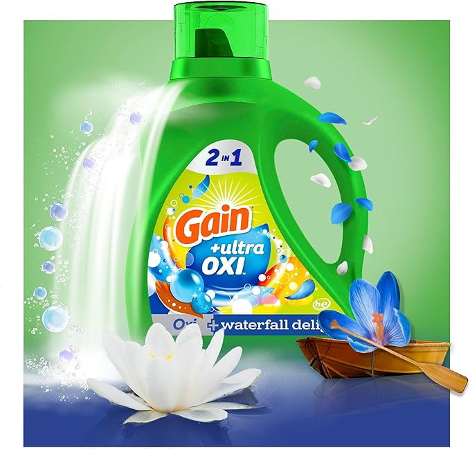 Gain Ultra Oxi Liquid Laundry Detergent, Waterfall Delight Scent, 194 fl oz, 134 Loads, Freshness + Odor Fighting, High Efficiency Washing Machine Liquid Cleaning Soap