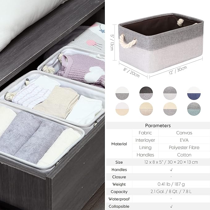Sea Team 3-Pack Small Storage Basket Set, Storage Cube Organizer, Storage Bins, 12 x 8 x 5 Inches, Rectangle Canvas Fabric Collapsible Shelf Box with Handles for Kids Room (Denim/White)