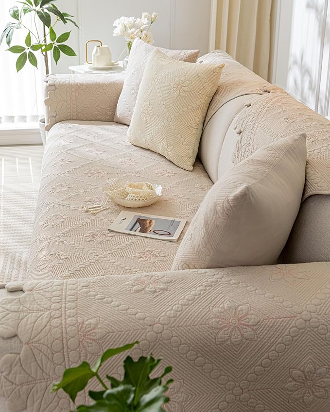 Cotton Quilted Dog Couch Cover for Sofa Farmhouse Rustic Embroidery Sectional Couch Cover Soft Anti-Slip Sofa Slipcover Furniture Protector for Kids, Pets (Khaki,36"x94")