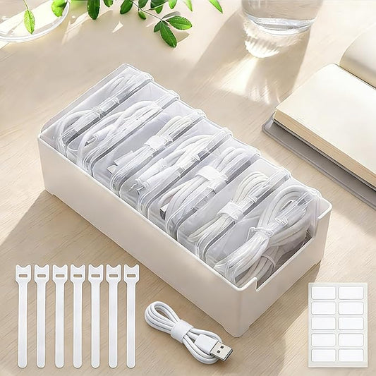 Cable Organizer Storage Box with 7 Wire Ties and Label Stickers,Desktop Cable Management Box with Switch, Power Cord Organizer for Office,Home,Desk Accessories Storage Stationery Supplies（Clear）