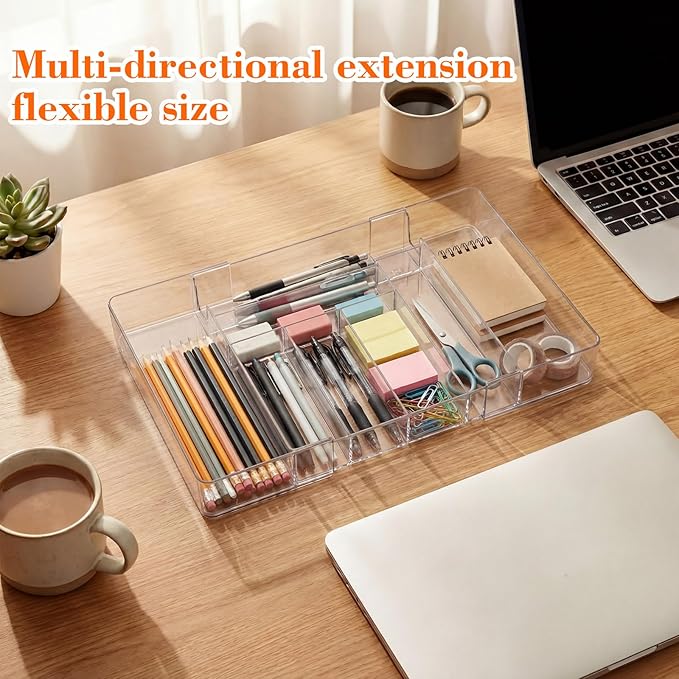 2 Pcs Large Expandable Acrylic Drawer Organizers, Grid Adjustable Drawer, Dividers Organizer for Desk, Makeup, Jewelry, Office, Kitchen Supplies (Clear,8 Compartments)