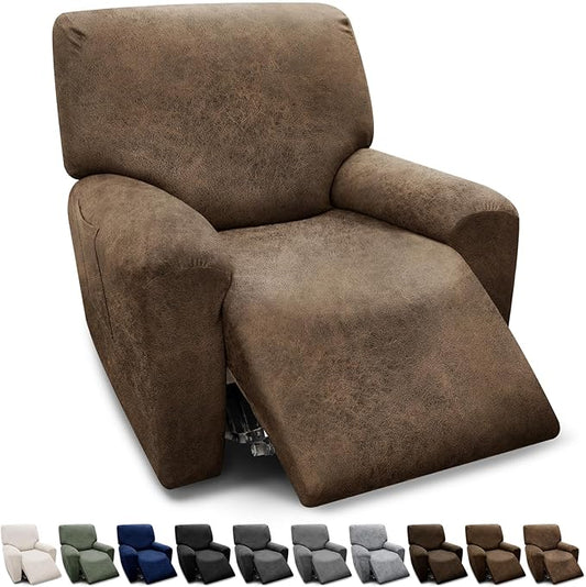 Chair Covers 4-Pieces Recliner Chair Covers 1 Seater Cover for Recliner Chair Leather Look Recliner Slipcovers with Pockets Spandex Fabric Furniture Covers(Recliner, Light Brown)