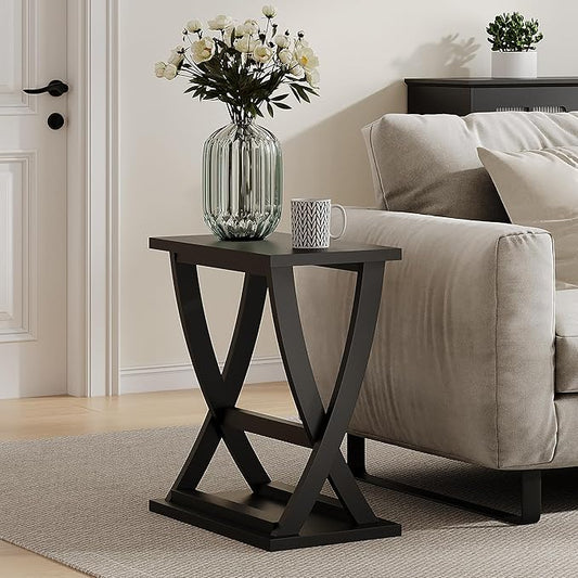 ChooChoo Black End Table, Narrow Side Table with Storage Shelf, Modern X-Design Slim Bedside Tables for Living Room, Bedroom, Small Spaces