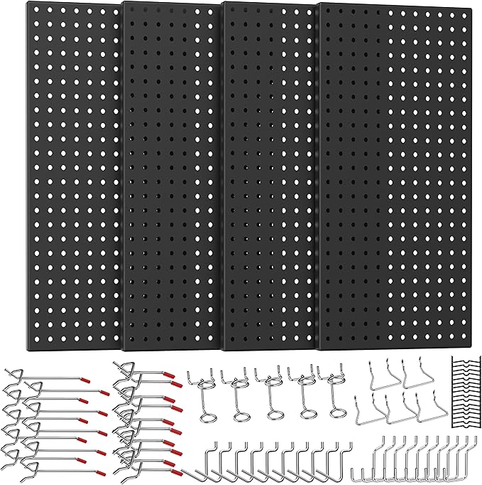 Ultrawall 4 Pack Metal Peg Board Panels with Hooks, Pegboard Wall Tool Organizer for Garage, 84pcs Peg Board with Accessories, 24"X12"