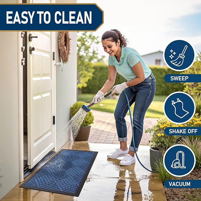 Smiry Front Door Mat Outside Entrance, Heavy Duty Outdoor Indoor Mat, Natural Rubber Doormat, Non Slip, Trap Dirt and Moisture, Easy Clean, Low Profile Patio Porch Entryway Mat, 29.5x17, Ocean Blue