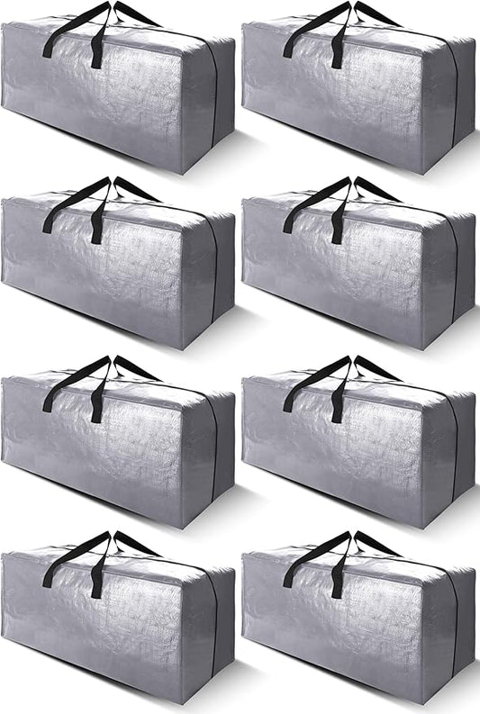 Cosy Family 8 Pack Heavy Duty Extra Large Moving Bags with Backpack Straps - Strong Handles & Zippers, Storage Totes For Space Saving, Fold Flat, Alternative to Moving Box (Set of 8, Silver)