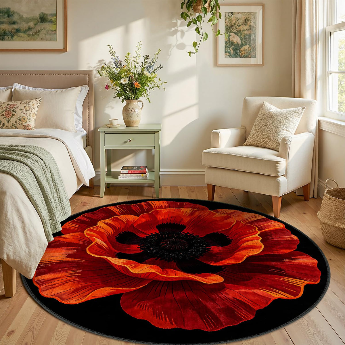 ANNA QUEEN Red Poppy Flower Round Area Rug 4ft,Washable Non-Slip - Image 1