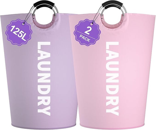 2Pack 125L Extra Large Laundry Baskets, Collapsible Laundry Hamper with Soft Handles, Dirty Clothes Basket in 600D Oxford Fabric, Sturdy Clothes Hampers for Travel, Family, Purple + Pink
